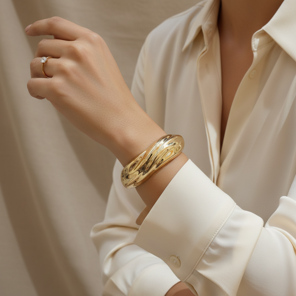 Ekrowl Fluid-Aura 18K Gold-Plated Sculptural Cuff — Bold Organic Wave Gold Bangles for Women