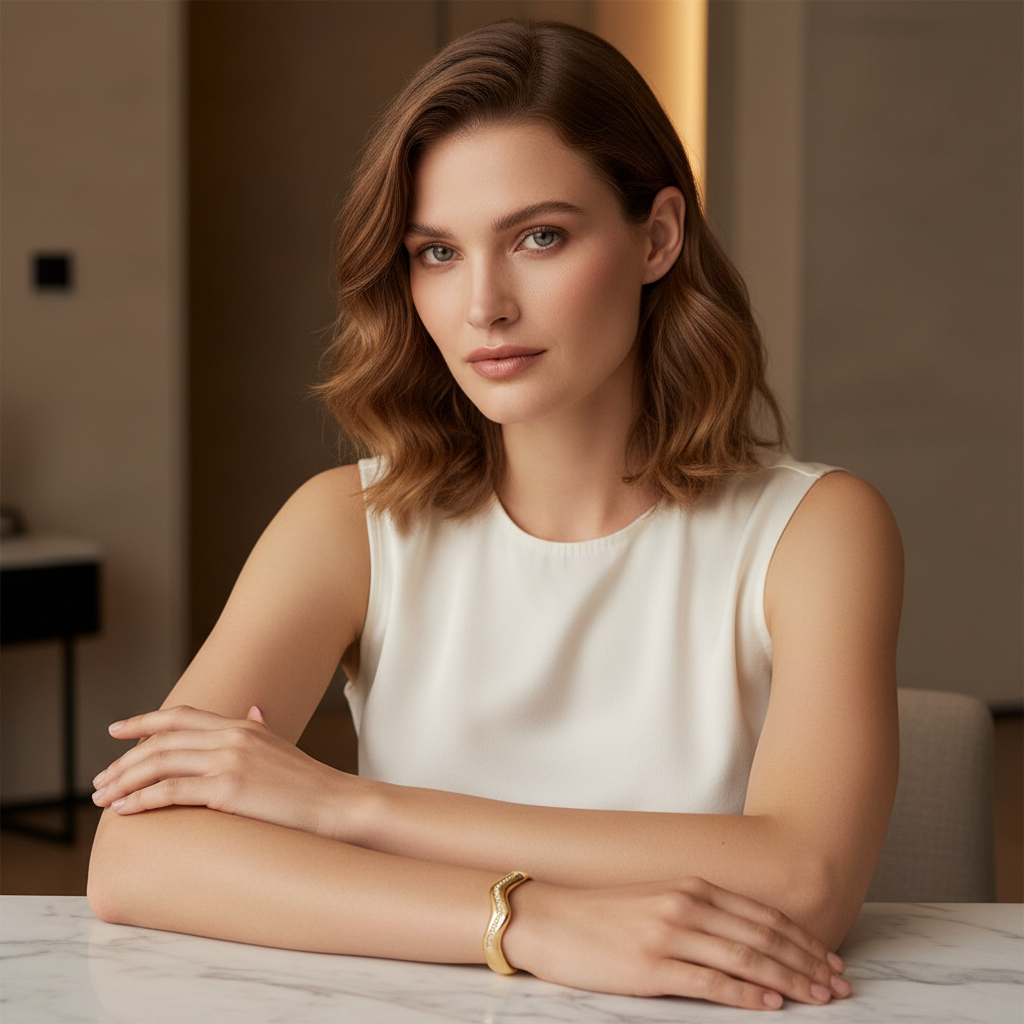 Ekrowl Radiant-Wave: 18K Gold-Plated Crystal Inlaid Statement Bangle