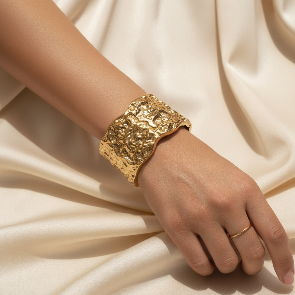 Ekrowl Terra-Glow 18K Gold-Plated Hammered Texture Cuff — Bold Organic Gold Bangles for Women