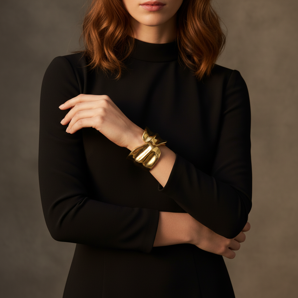Ekrowl Fluid-Aura 18K Gold-Plated Sculptural Cuff — Bold Organic Wave Gold Bangles for Women