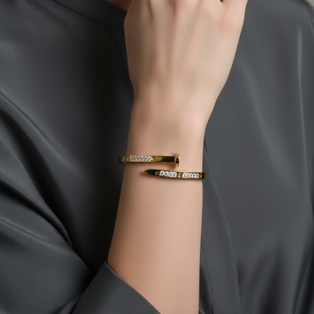 Ekrowl Spike-Glow: 18K Gold-Plated Crystal Inlaid Nail Bangle