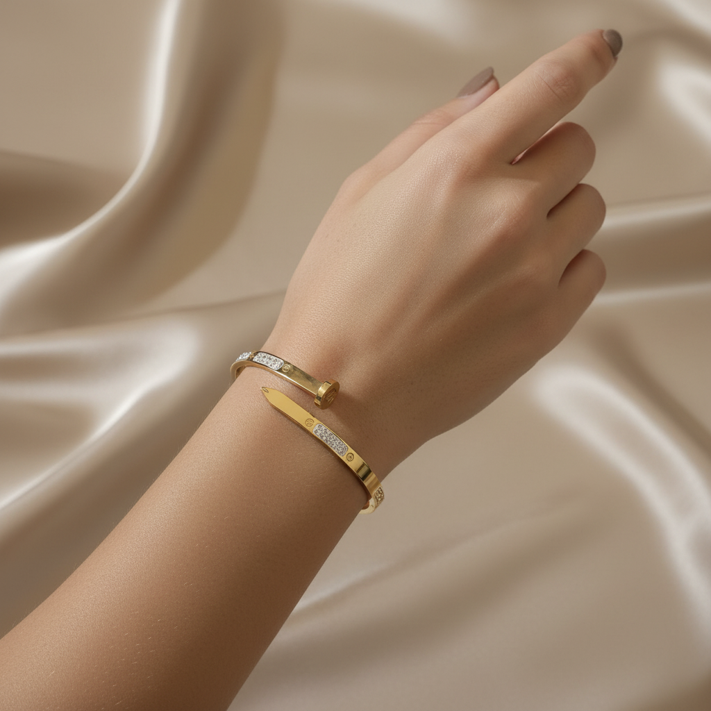Ekrowl Spike-Glow: 18K Gold-Plated Crystal Inlaid Nail Bangle