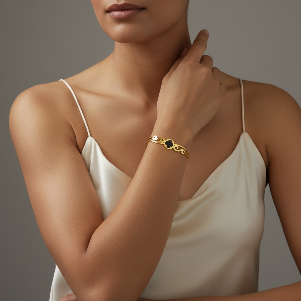 Ekrowl Midnight-Luck: 18K Gold Anti-Tarnish Floral Design Bracelet