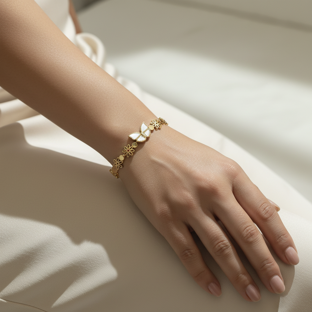 Ekrowl Flutter-Luck: 18K Gold Anti-Tarnish Butterfly Floral Design Bracelet