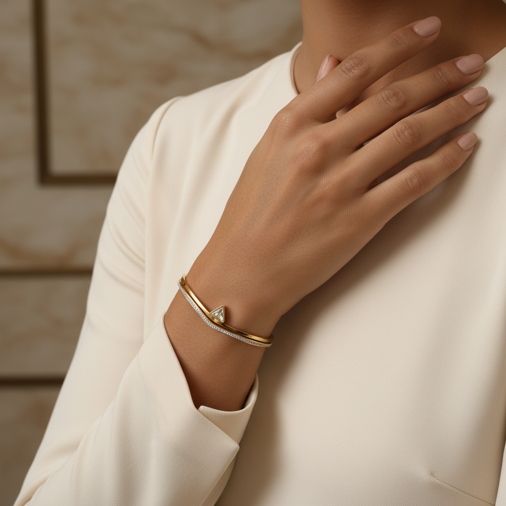 Ekrowl Prism-Peak: Anti-Tarnish Geometric V-Shape Statement Bracelet