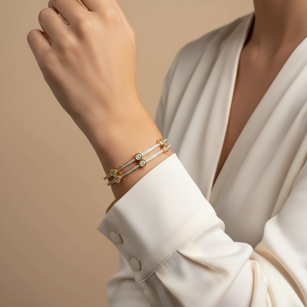 Ekrowl Stellar-Twin: Anti-Tarnish Dual-Band Bezel Statement Bracelet
