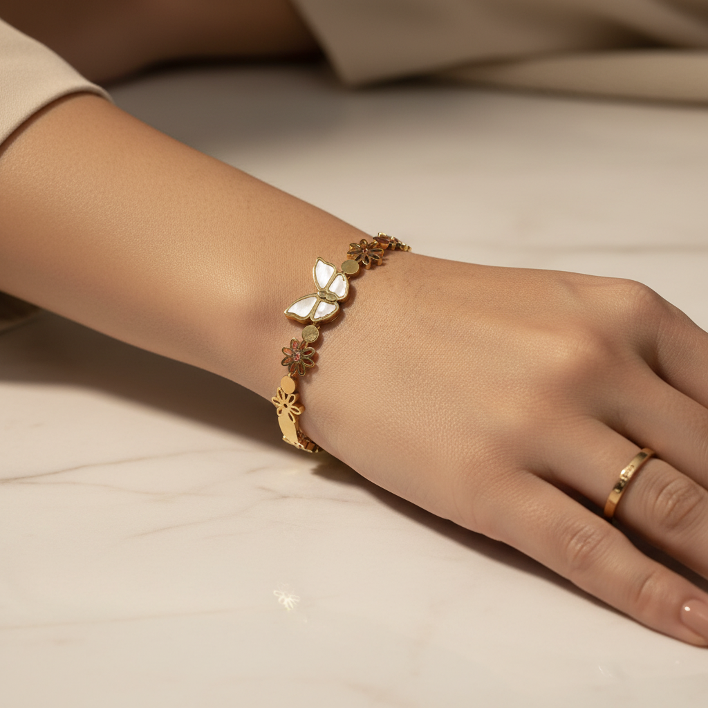 Ekrowl Flutter-Luck: 18K Gold Anti-Tarnish Butterfly Floral Design Bracelet