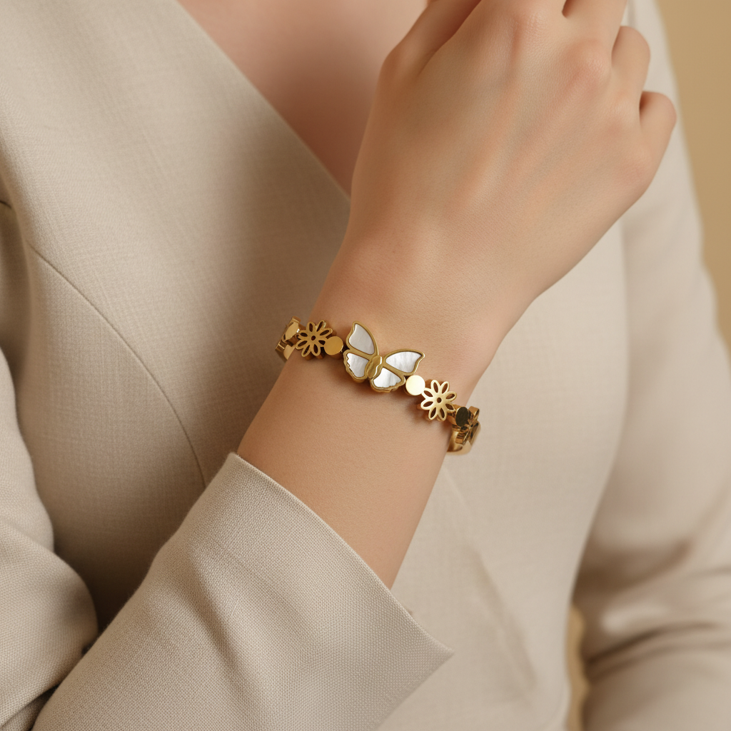 Ekrowl Flutter-Luck: 18K Gold Anti-Tarnish Butterfly Floral Design Bracelet