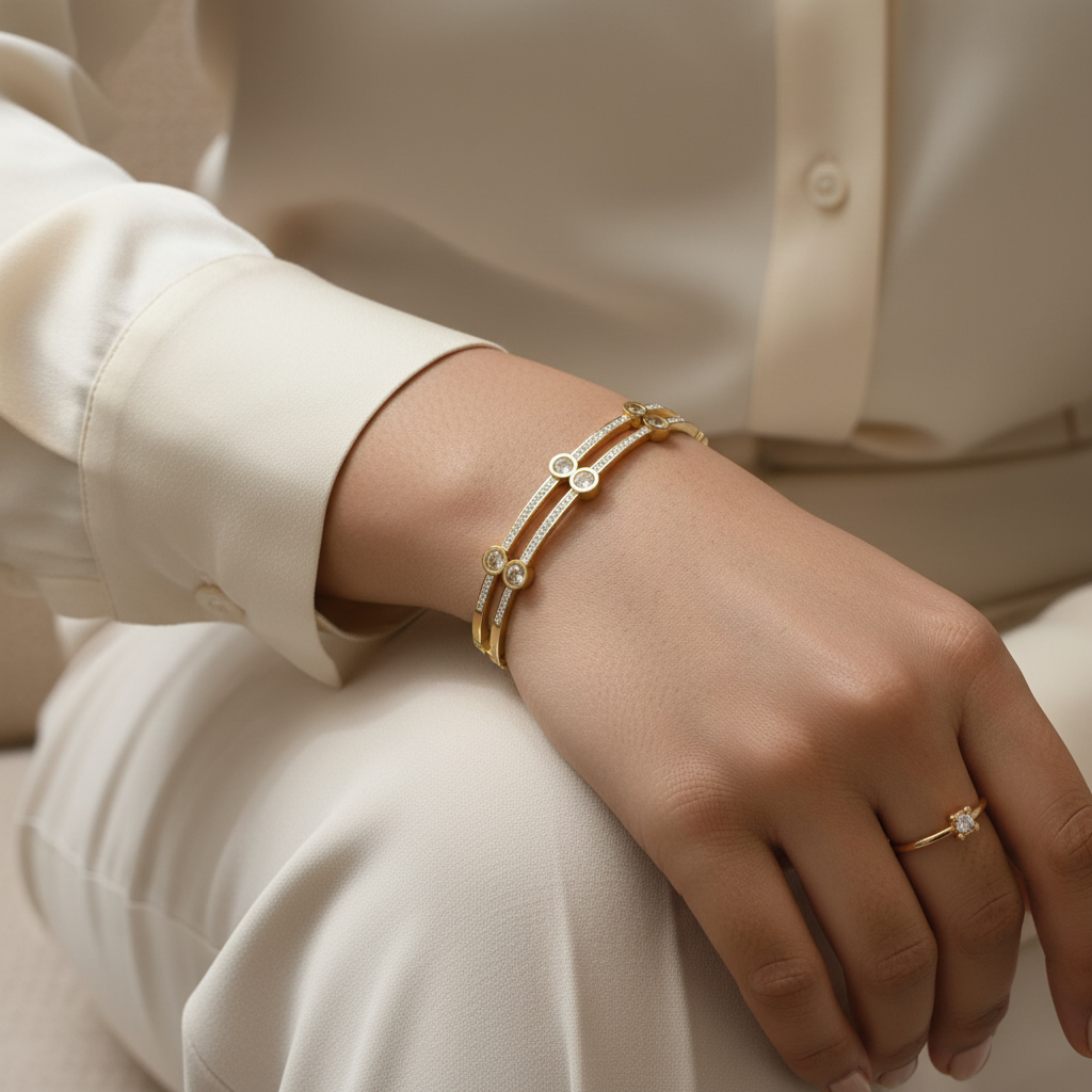 Ekrowl Stellar-Twin: Anti-Tarnish Dual-Band Bezel Statement Bracelet