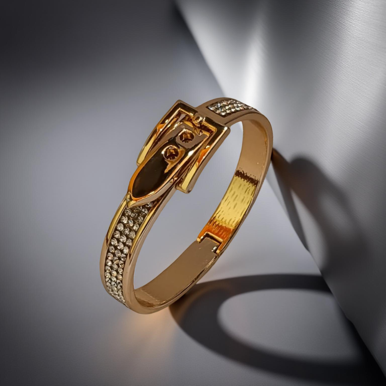 Ekrowl Regal-Buckle 18K Gold-Plated Crystal Inlaid Bangle — Glamorous Tennis-Style Bracelet for Women