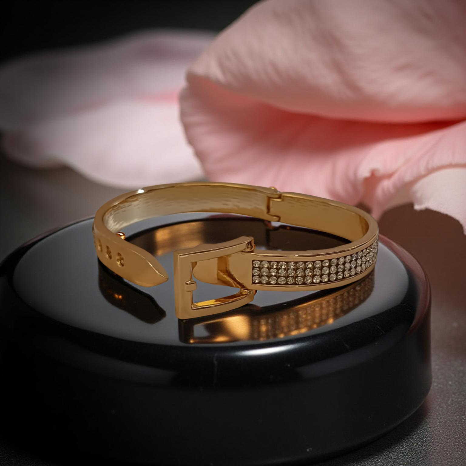 Ekrowl Regal-Buckle 18K Gold-Plated Crystal Inlaid Bangle — Glamorous Tennis-Style Bracelet for Women