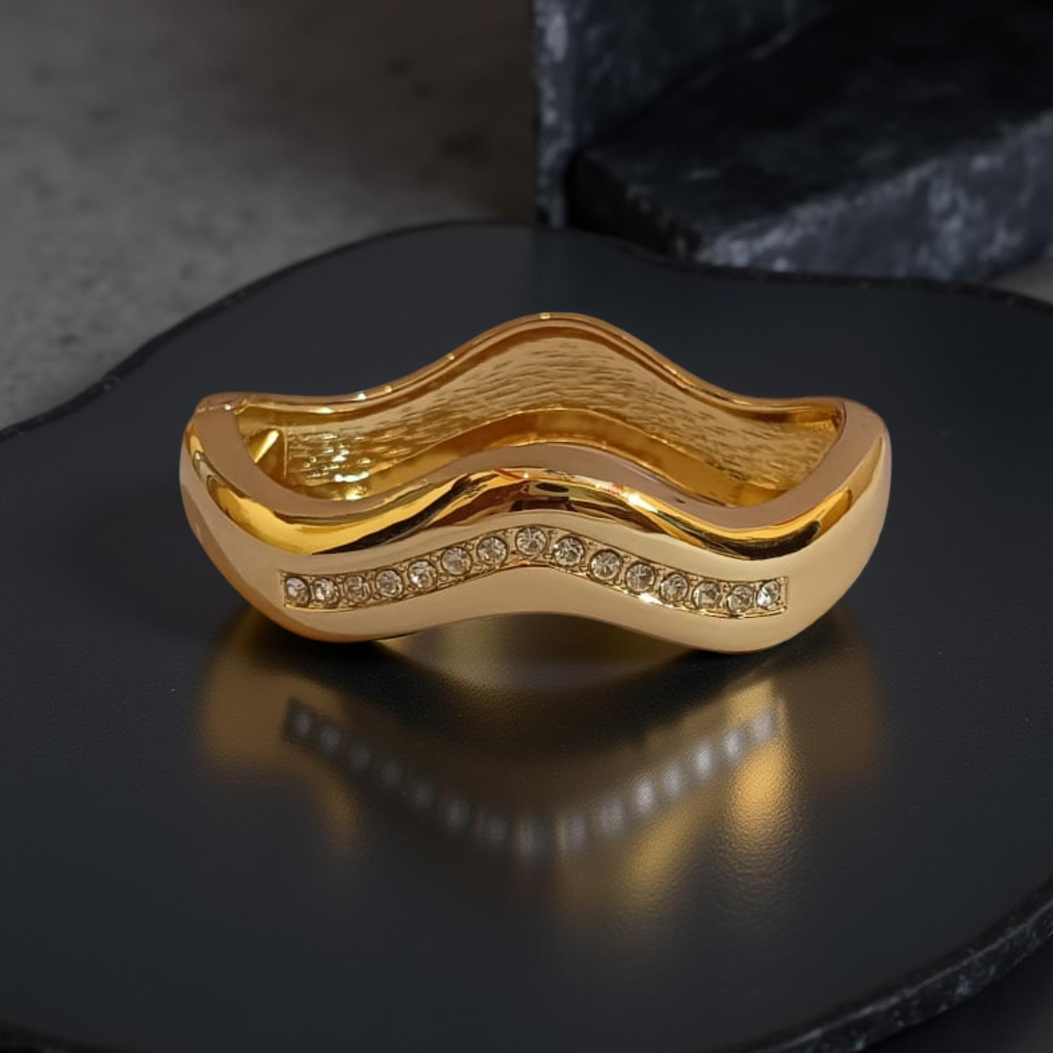 Ekrowl Radiant-Wave: 18K Gold-Plated Crystal Inlaid Statement Bangle