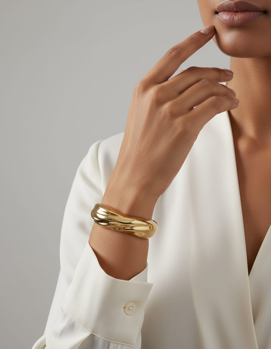 Ekrowl Fluid-Aura 18K Gold-Plated Sculptural Cuff — Bold Organic Wave Gold Bangles for Women