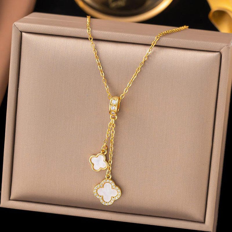 18k Gold Plated Double Clover Drop Anti-Tarnish Lariat Necklace