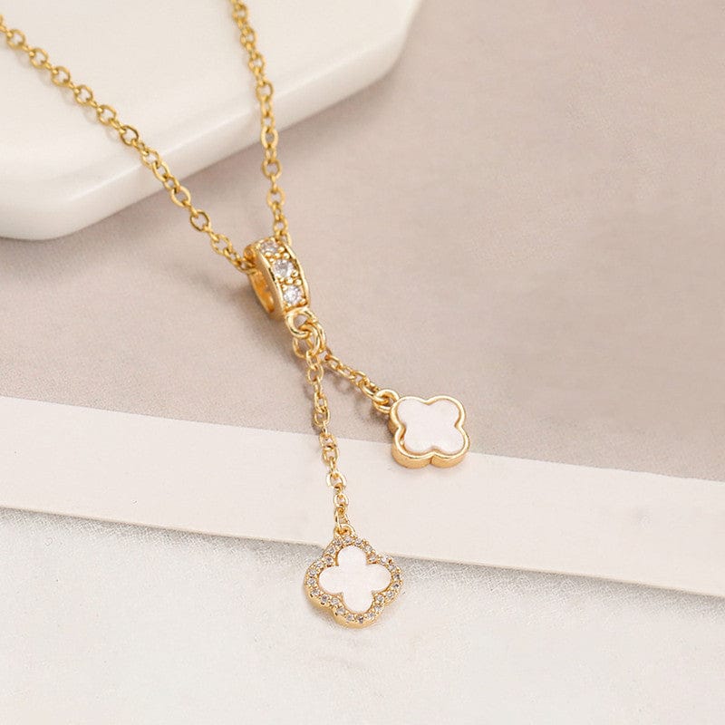 18k Gold Plated Double Clover Drop Anti-Tarnish Lariat Necklace