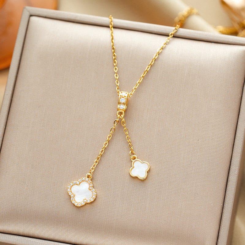 18k Gold Plated Double Clover Drop Anti-Tarnish Lariat Necklace