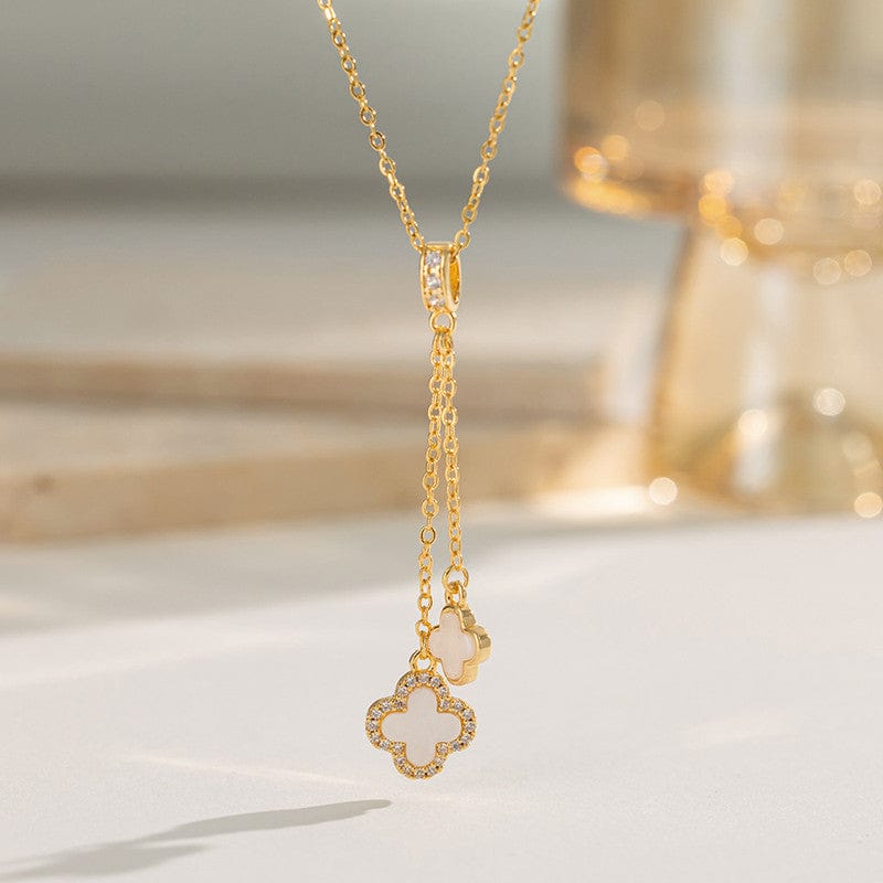 18k Gold Plated Double Clover Drop Anti-Tarnish Lariat Necklace