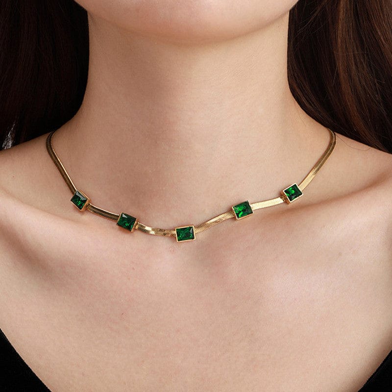 18k Gold Plated 5-Stone Emerald Station Anti-Tarnish Snake Chain Necklace