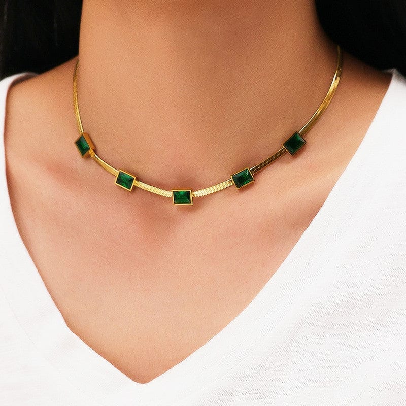 18k Gold Plated 5-Stone Emerald Station Anti-Tarnish Snake Chain Necklace