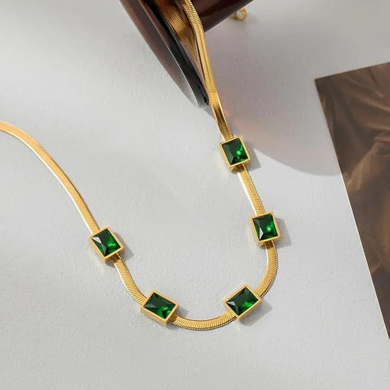 18k Gold Plated 5-Stone Emerald Station Anti-Tarnish Snake Chain Necklace