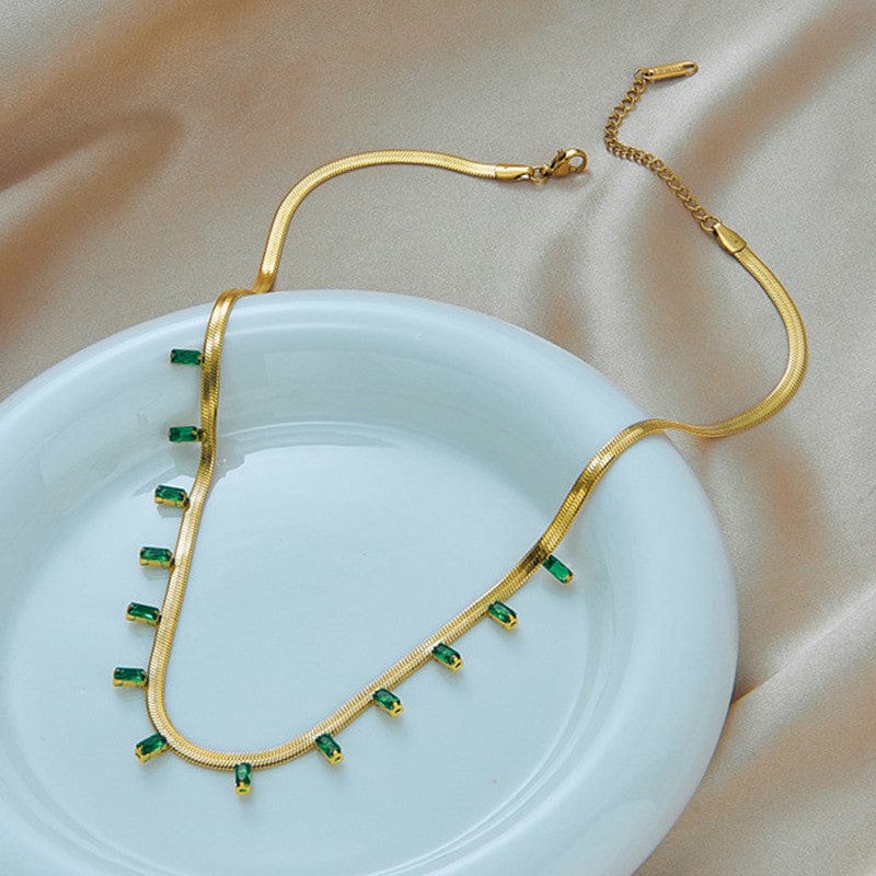 18k Gold Plated Emerald Baguette Drop Anti-Tarnish Snake Chain Necklace