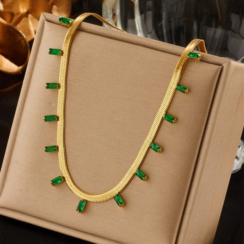 18k Gold Plated Emerald Baguette Drop Anti-Tarnish Snake Chain Necklace