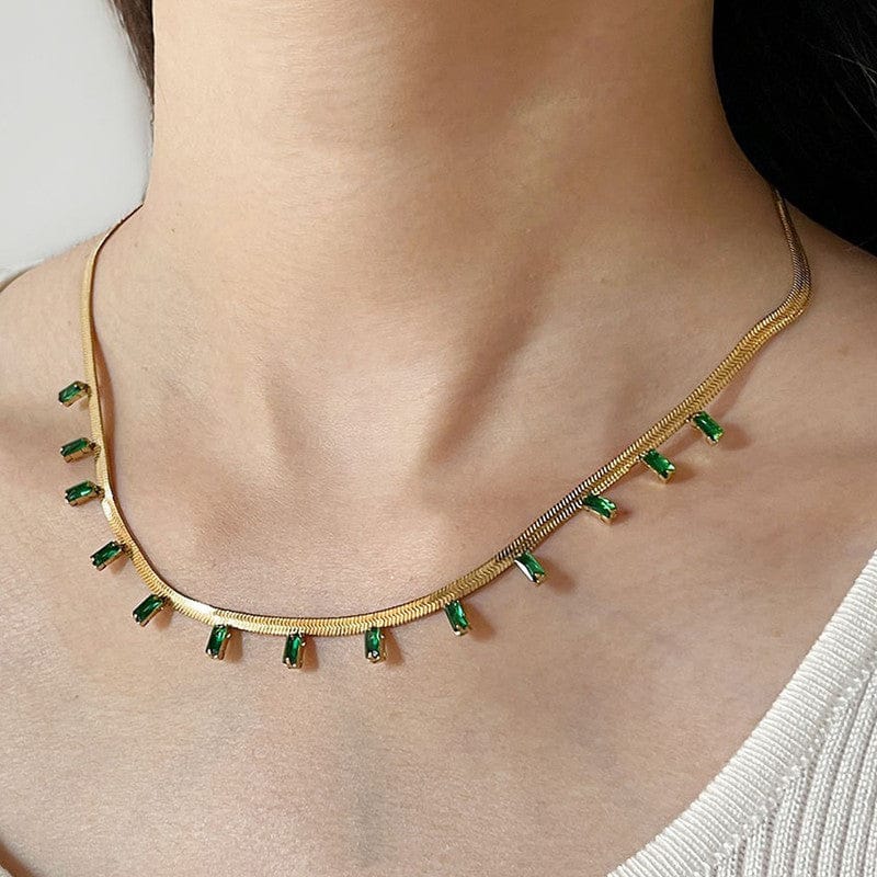 18k Gold Plated Emerald Baguette Drop Anti-Tarnish Snake Chain Necklace