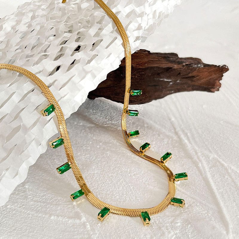 18k Gold Plated Emerald Baguette Drop Anti-Tarnish Snake Chain Necklace