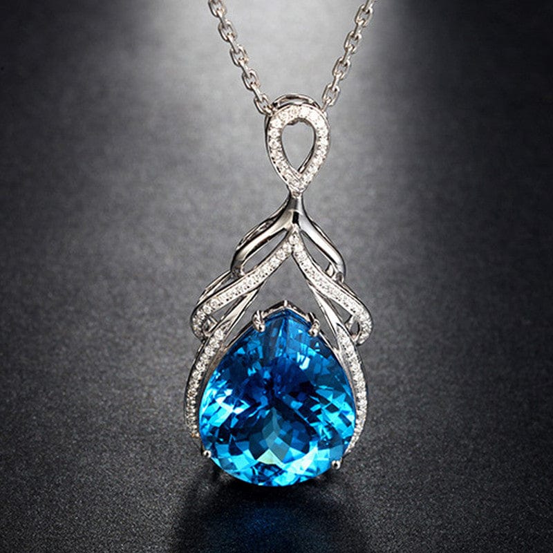 Blue Teardrop Crystal Silver-Toned Anti-Tarnish Pendant Necklace