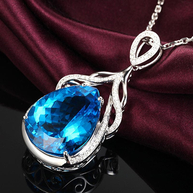 Blue Teardrop Crystal Silver-Toned Anti-Tarnish Pendant Necklace