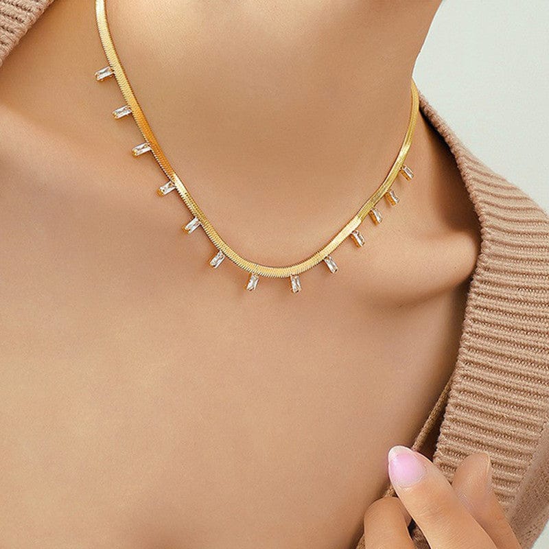 18k Gold Plated Baguette Drop Anti-Tarnish Snake Chain Necklace