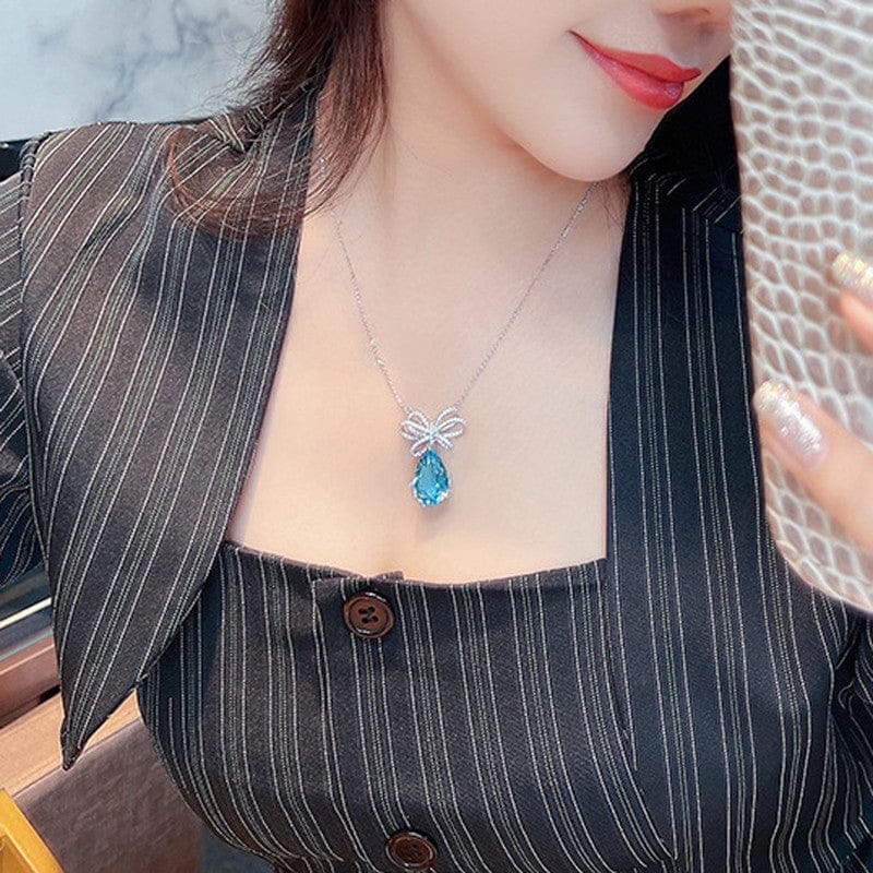 18k Gold Plated Blue Teardrop & Crystal Bow Anti-Tarnish Necklace