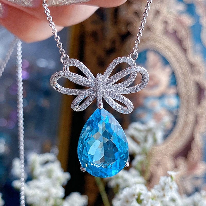 18k Gold Plated Blue Teardrop & Crystal Bow Anti-Tarnish Necklace