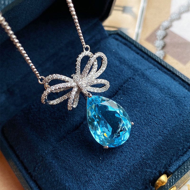 18k Gold Plated Blue Teardrop & Crystal Bow Anti-Tarnish Necklace