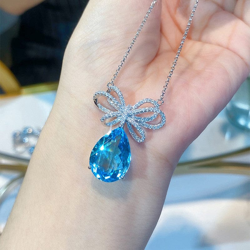 18k Gold Plated Blue Teardrop & Crystal Bow Anti-Tarnish Necklace