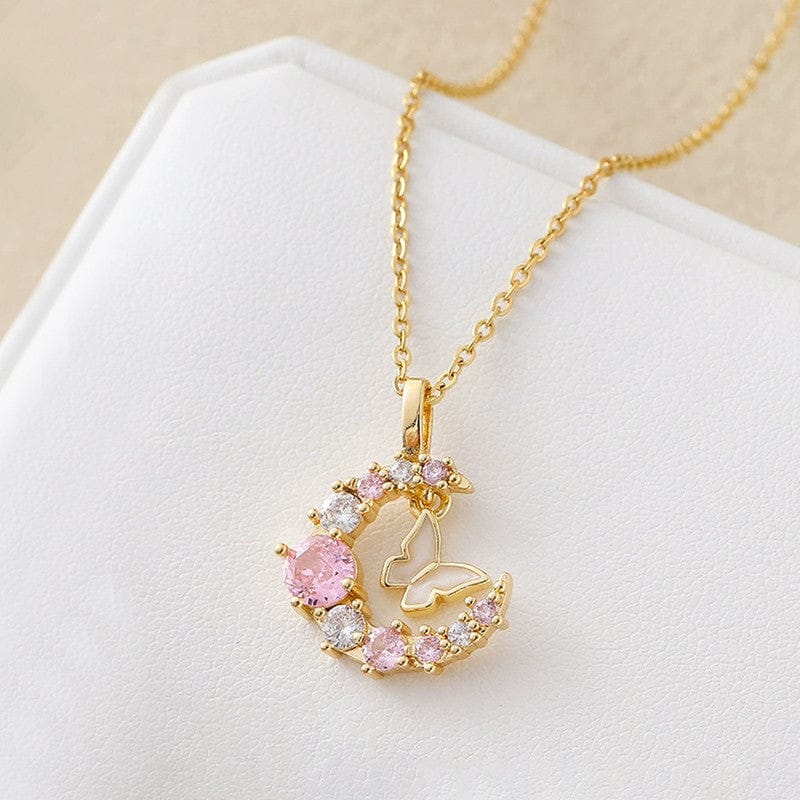 18k Gold Plated Pink Gemstone Moon & Butterfly Anti-Tarnish Necklace