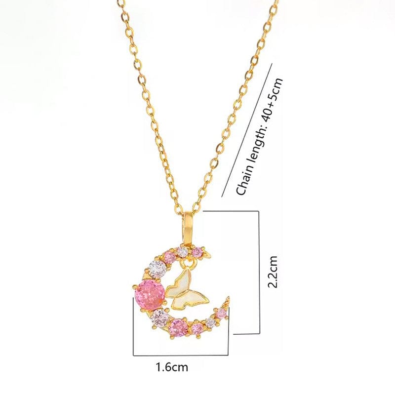 18k Gold Plated Pink Gemstone Moon & Butterfly Anti-Tarnish Necklace