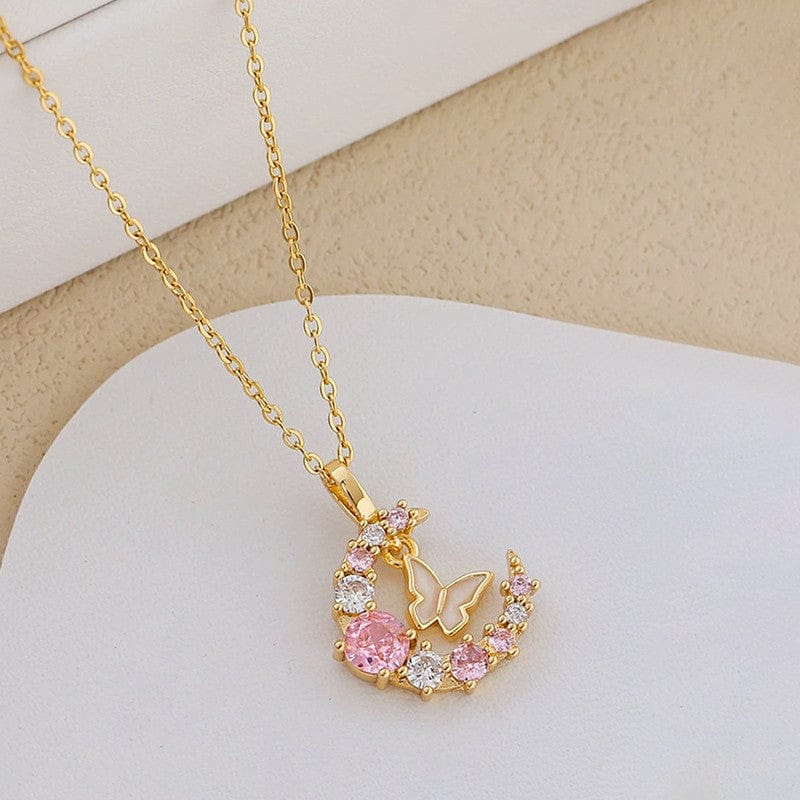 18k Gold Plated Pink Gemstone Moon & Butterfly Anti-Tarnish Necklace