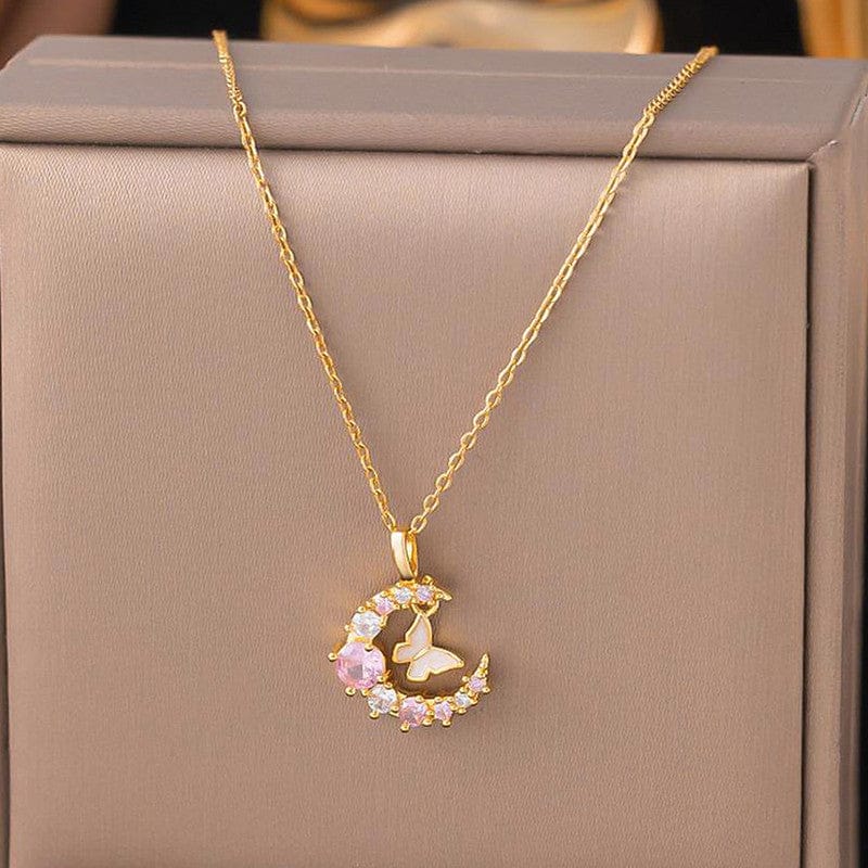 18k Gold Plated Pink Gemstone Moon & Butterfly Anti-Tarnish Necklace