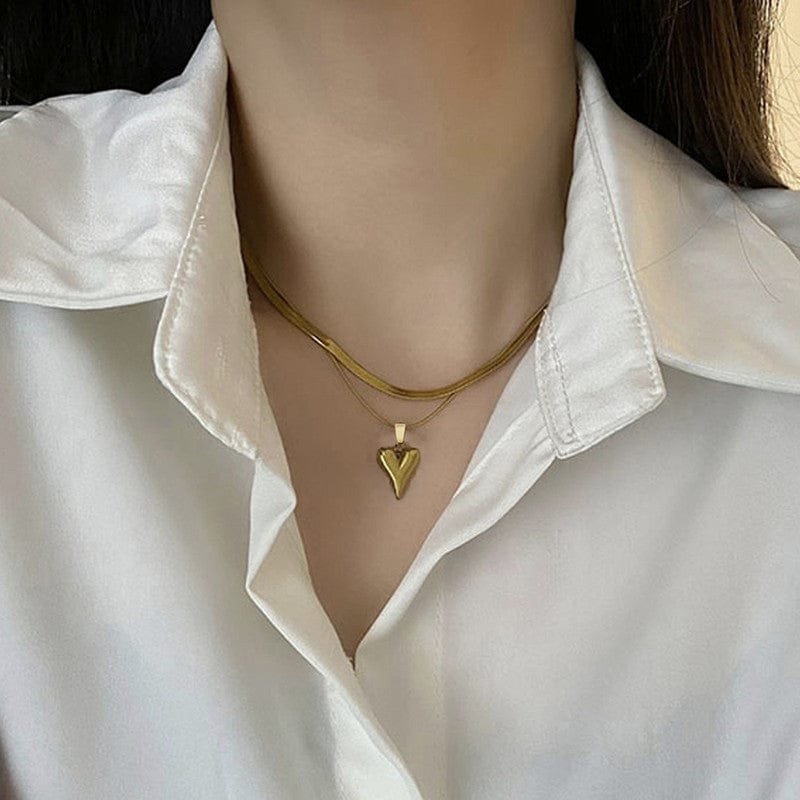 18k Gold Plated Double Layered Puffed Heart Anti-Tarnish Necklace