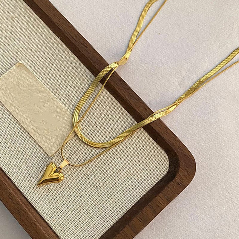 18k Gold Plated Double Layered Puffed Heart Anti-Tarnish Necklace