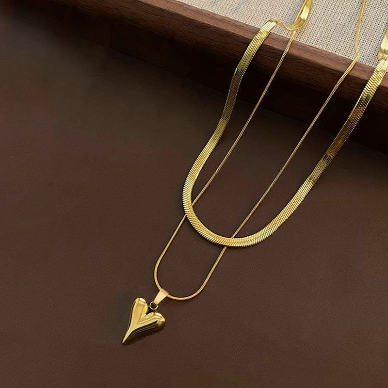 18k Gold Plated Double Layered Puffed Heart Anti-Tarnish Necklace