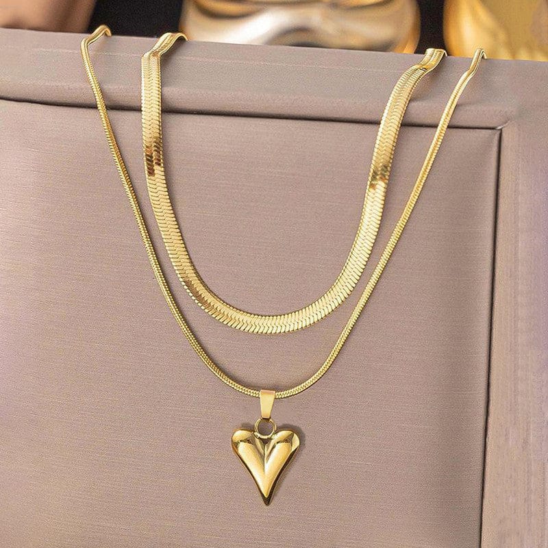 18k Gold Plated Double Layered Puffed Heart Anti-Tarnish Necklace