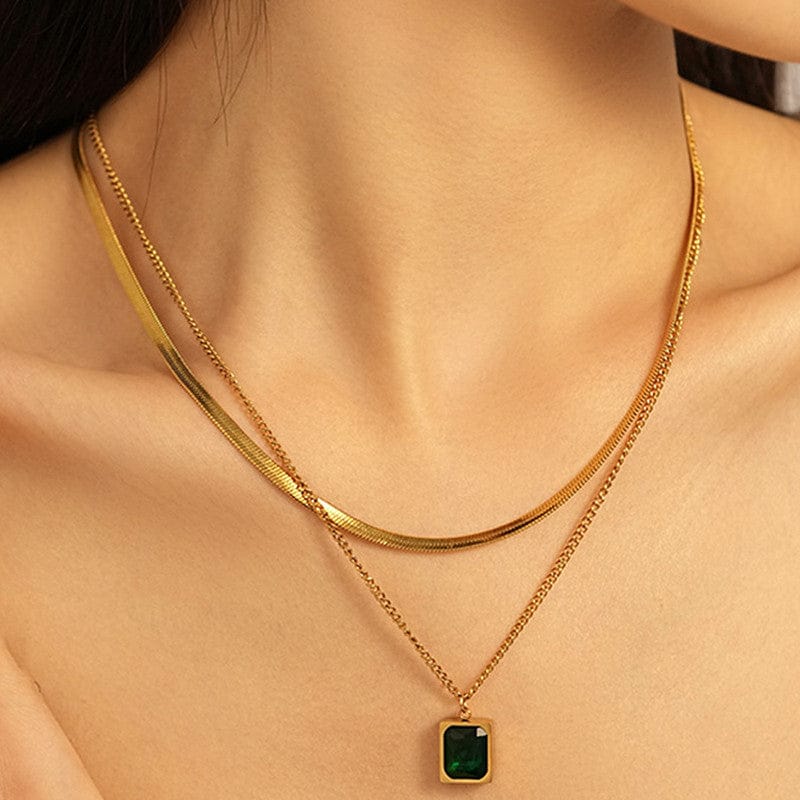 Double Layered Emerald Pendant Anti-Tarnish Gold Necklace Set