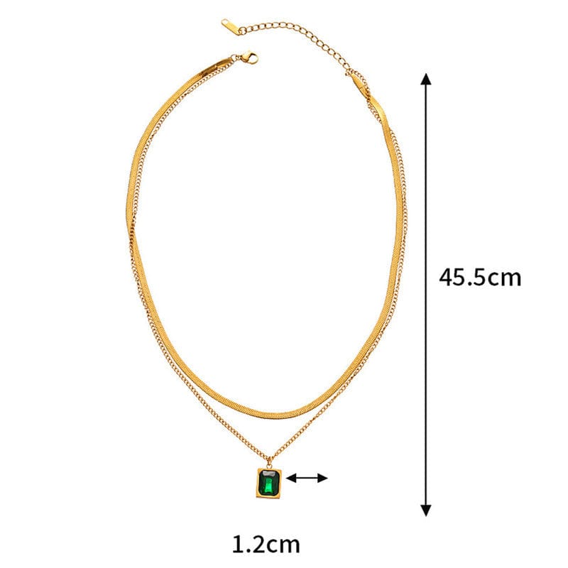 Double Layered Emerald Pendant Anti-Tarnish Gold Necklace Set