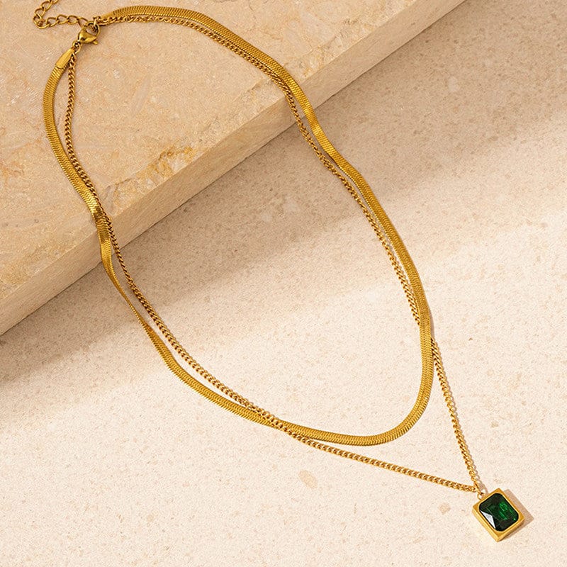 Double Layered Emerald Pendant Anti-Tarnish Gold Necklace Set