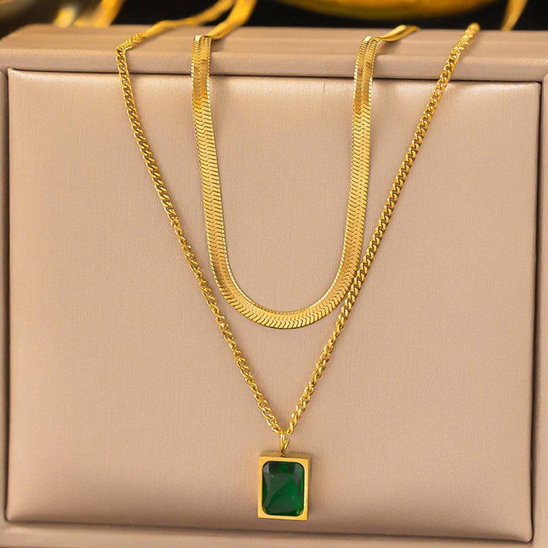 Double Layered Emerald Pendant Anti-Tarnish Gold Necklace Set