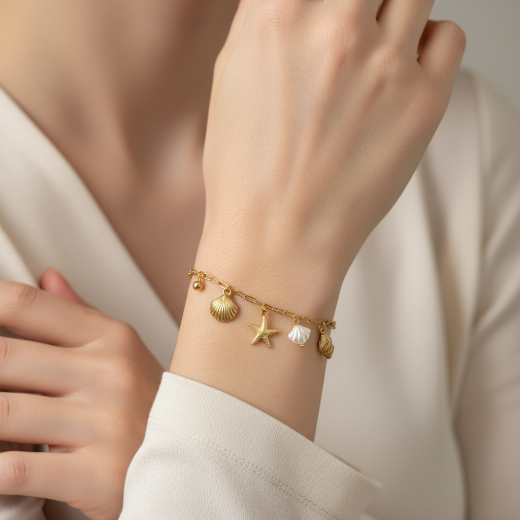 Ekrowl Ocean-Drift: 18K Gold-Plated Seashell & Starfish Charm Bracelet