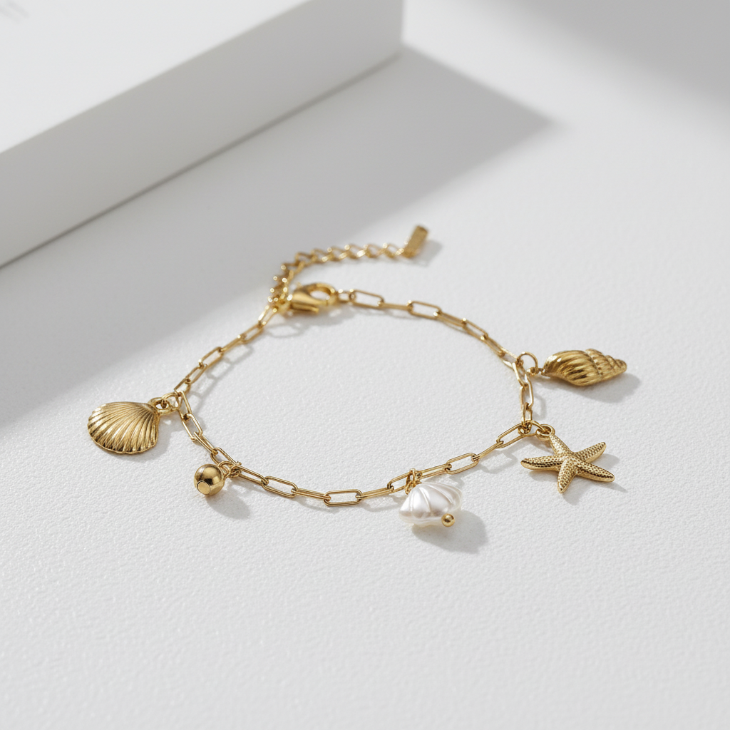 Ekrowl Ocean-Drift: 18K Gold-Plated Seashell & Starfish Charm Bracelet