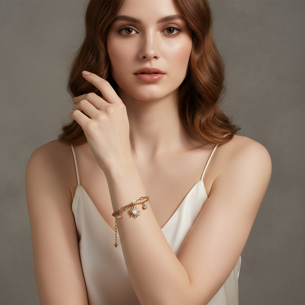 Ekrowl Eternal-Sun: 18K Gold Anti-Tarnish Layered Charm Design Bracelet